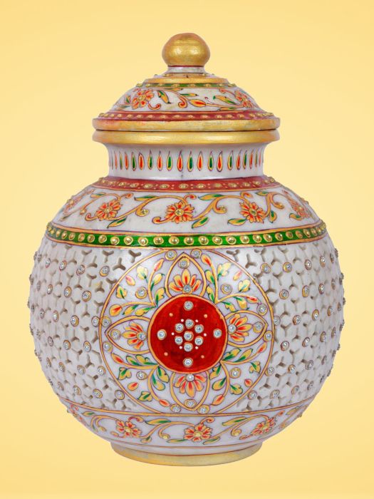 Hand painted and lattice carved pure marble pot with lid