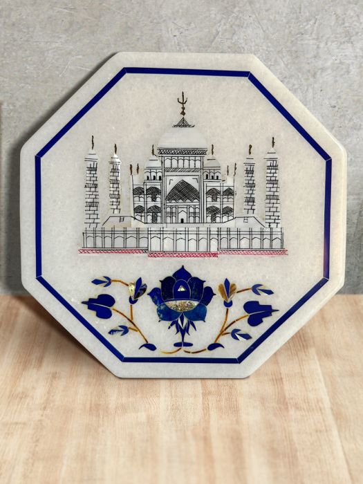 Handmade makrana marble decorative Taj Mahal Hexagonal Plate with Floral Motif - With Wooden Stand
