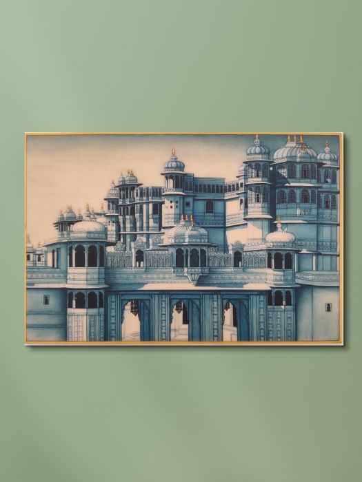 Handmade Rajasthani Painting of the City Palace of Udaipur, Rajasthan - Dusk