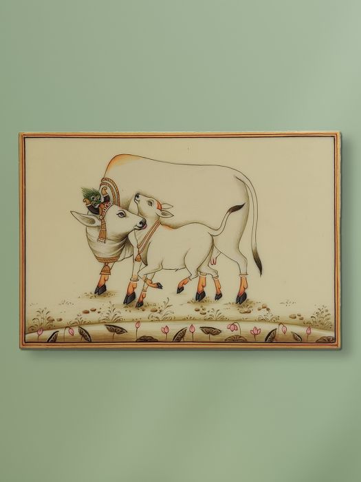 Traditional Pichwai painting of cow and calf