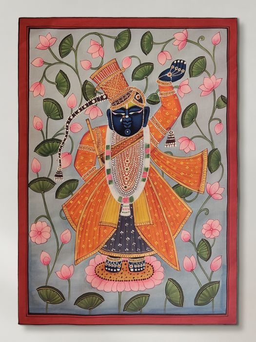 Handmade Traditional Pichwai painting of Srinathji on light blue base