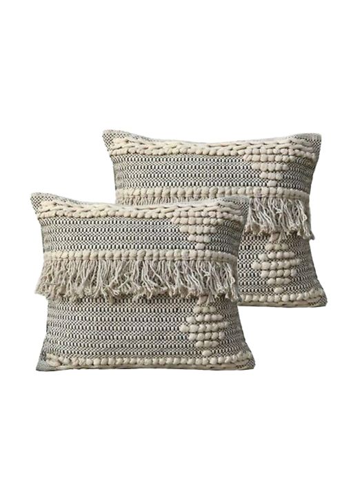 Plush Cushion Cover_Sham_Grey & Beige Dots with Tassels