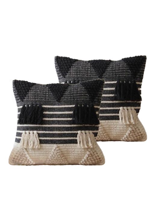 Handmade Cushion Cover_Sham_Black & Beige Dots & Tassels (Set of 2)
