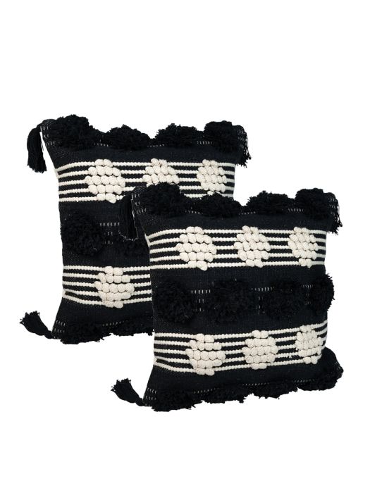 Plush Cushion Cover_Sham_Decorative Black & Ivory with Tassels
