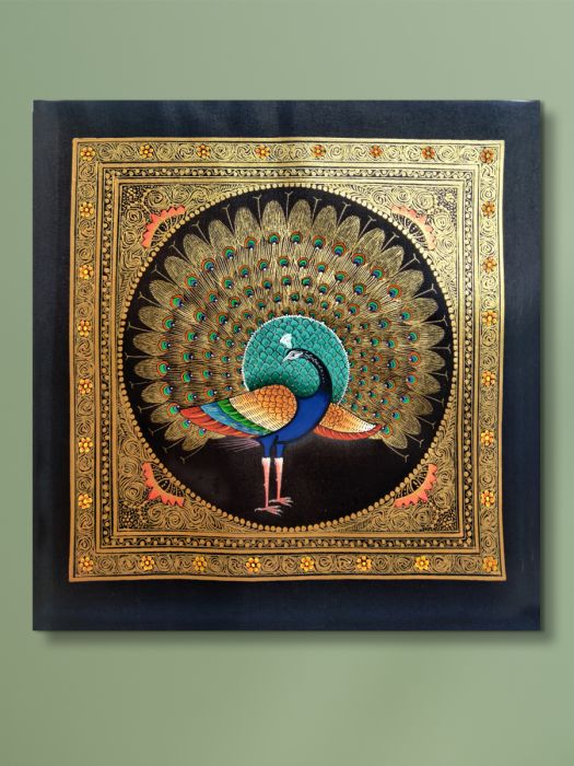 Handmade Rajasthani Miniature Painting of olive peacock