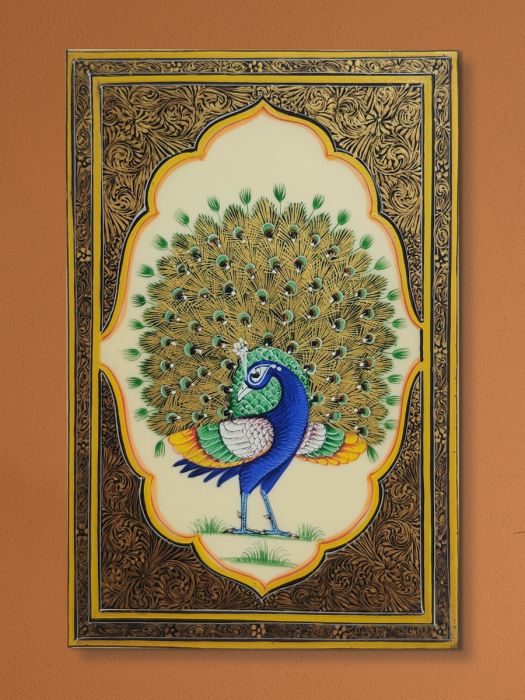 Handmade Rajasthani Miniature Painting of orange green and blue peacock