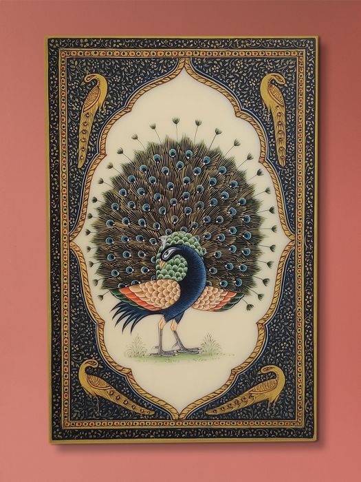 Handmade Rajasthani Miniature Painting of orange and green peacock