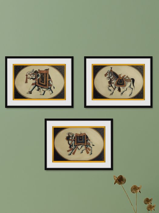 Handmade Rajasthani Miniature Painting of 3 traditional motiffs (Dusk) on resin plates