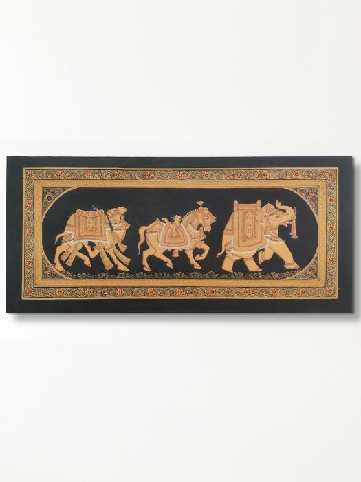 Handmade Rajasthani Miniature Painting of 3 traditional motiffs horizontal
