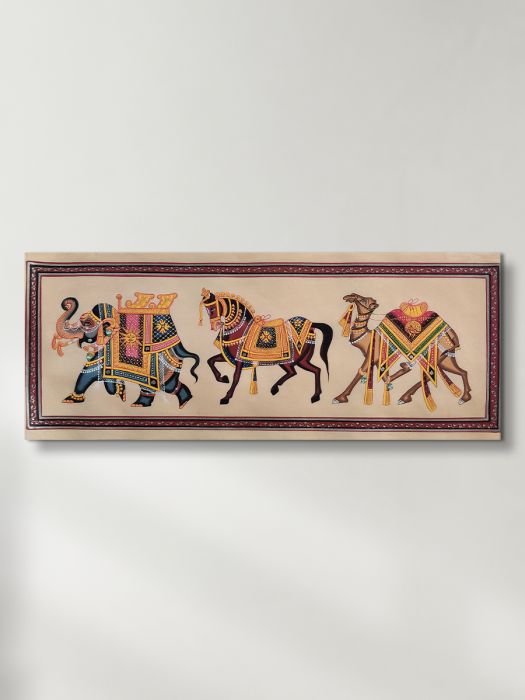 Handmade Rajasthani Miniature Painting of 3 traditional motiffs with light background