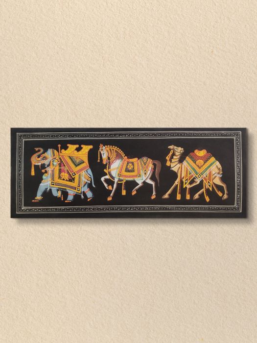 Handmade Rajasthani Miniature Painting of 3 traditional motiffs with dark background