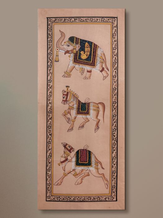 Handmade Rajasthani Miniature Painting of 3 traditional motiffs vertical