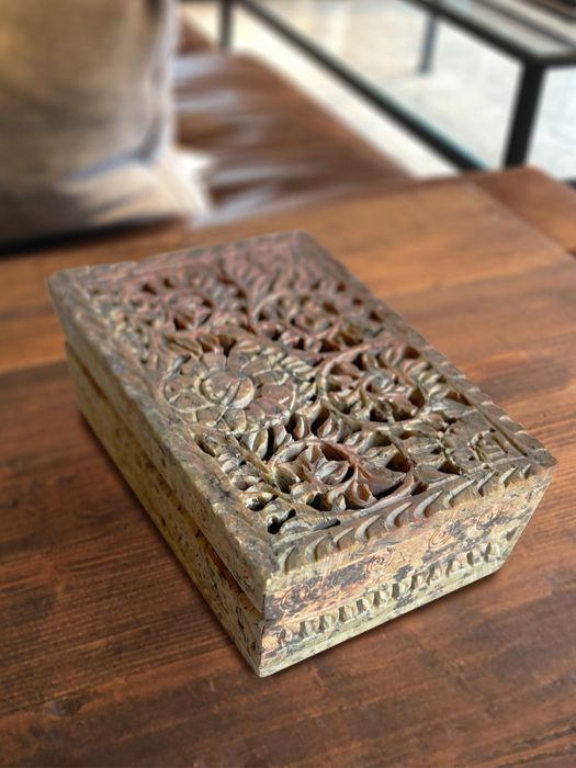 Handmade ornate rectangular soap stone box