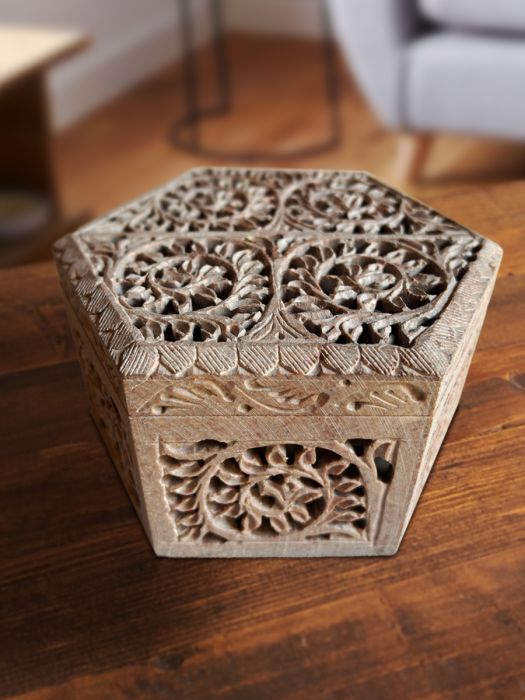 Handcarved ornate soap stone hexagonal box