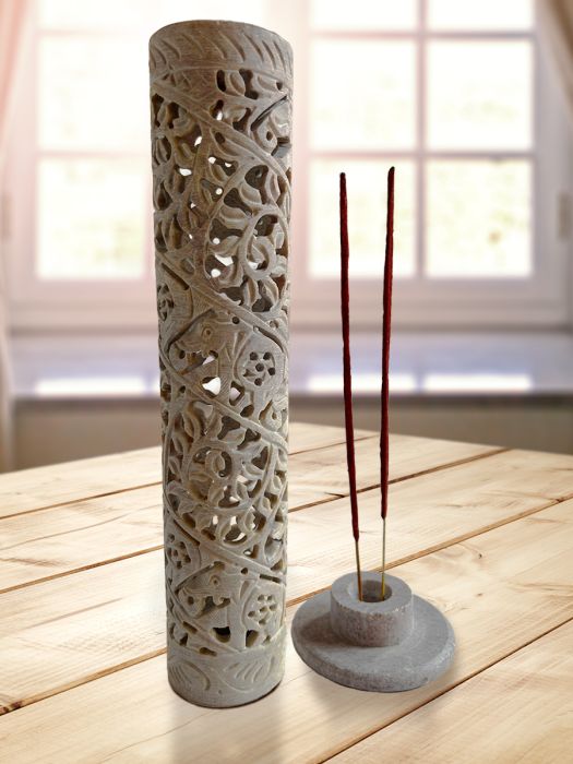 Handcarved ornate soap stone cylindrical incense stick stand