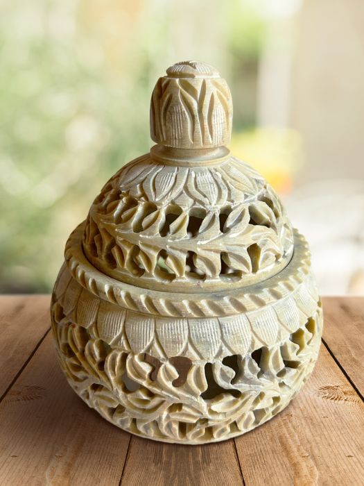 Handcarved ornate soap stone tea light holder Basket Motif (Set of 2)