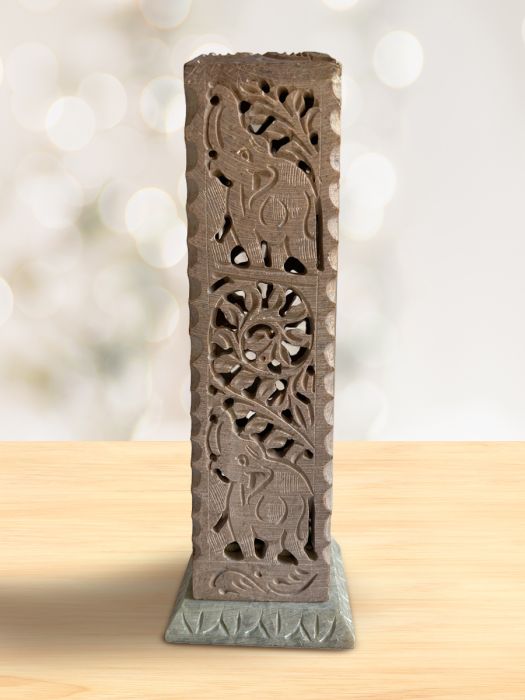 Handcarved ornate soap stone incense stick Tower stand Elephant Motif