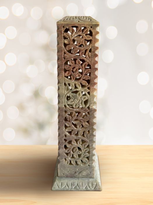 Handcarved ornate soap stone incense stick Tower stand Floral Motif