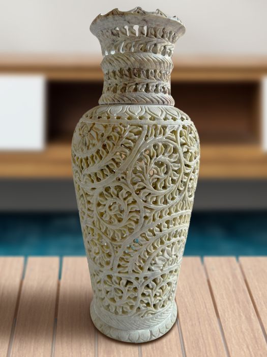 Handcarved ornate soap stone vase