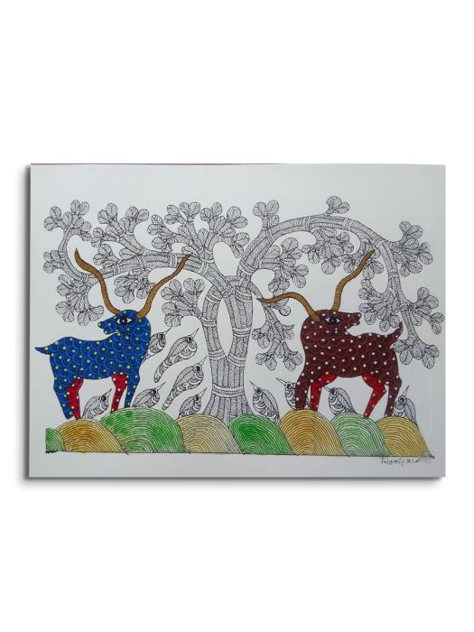 Handmade Tribal Gond painting of a Day in the Forest