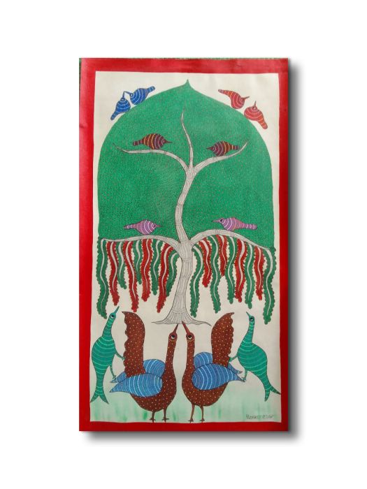 Handmade Tribal Gond painting of Birds in the Forest