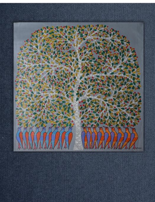 Handmade Tribal Gond painting of a Flock of Birds Under a Tree