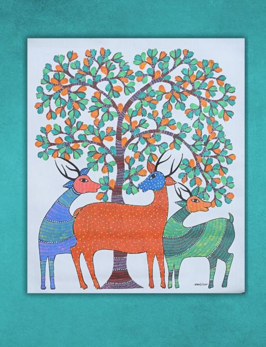 Handmade Tribal Gond painting of Colourful Deer Under a Tree