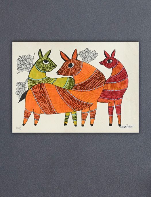 Handmade Tribal Gond painting of a Deer Family