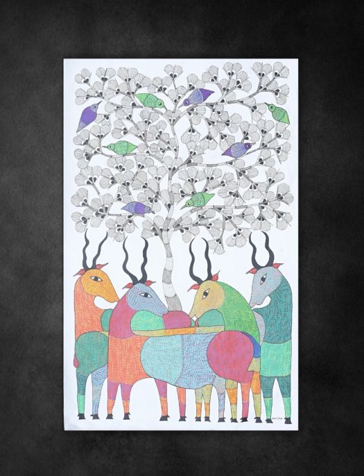 Handmade Tribal Gond painting of a Herd of Deer