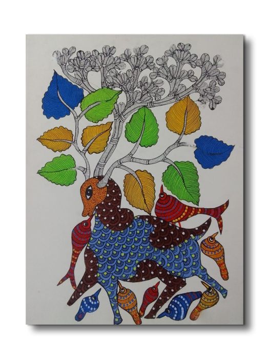 Handmade Tribal Gond painting of the Harmony of Nature - Birds, Deer and Trees