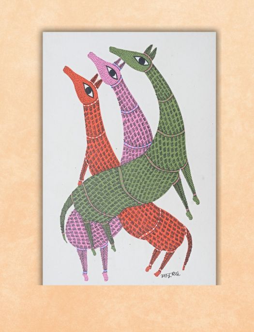 Handmade Tribal Gond painting of a Herd of Colourful Deer