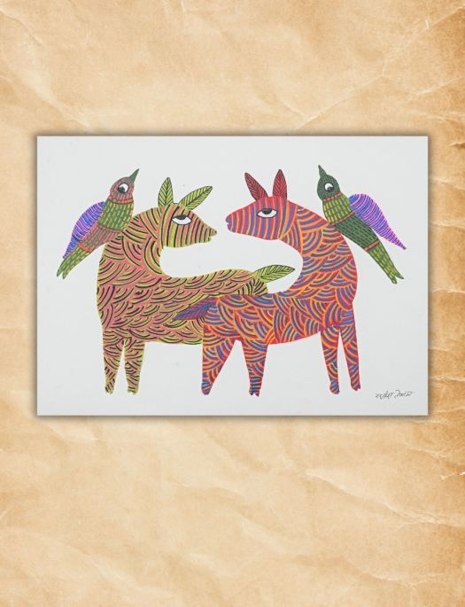 Handmade Tribal Gond painting of Deer and Birds