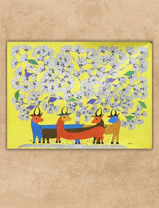 Handmade Tribal Gond painting of Deer under a Tree in Bloom