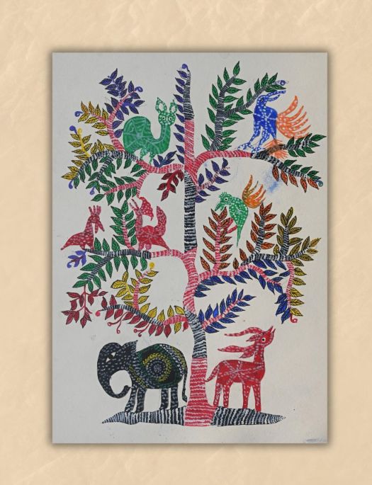 Handmade Tribal Gond painting of Animals in the Forest