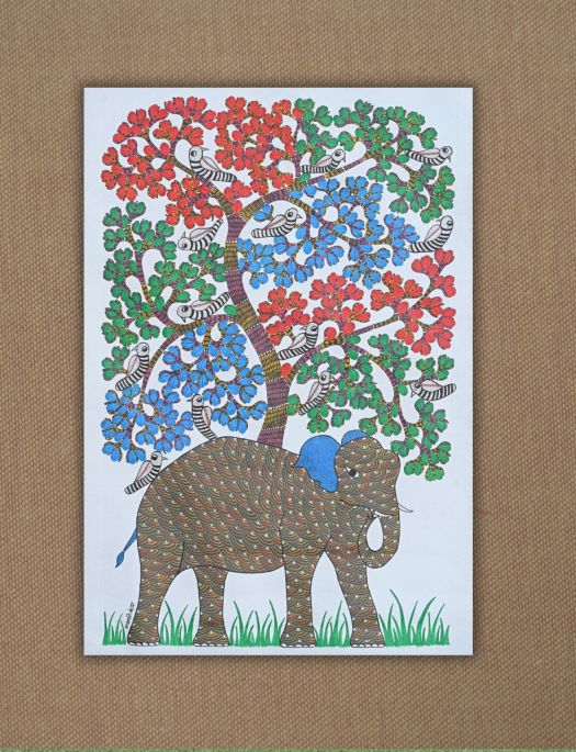 Handmade Tribal Gond painting of Elephant Under a Tree in Bloom
