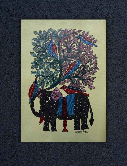 Handmade Tribal Gond painting of Elephant and Birds