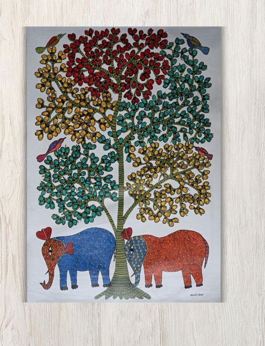 Handmade Tribal Gond painting of Elephants in the Forest