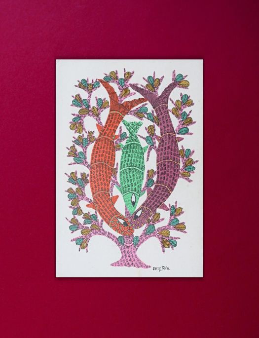 Handmade Tribal Gond painting of Colourful Fish