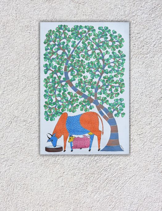 Handmade Tribal Gond painting of Cows Under a Tree