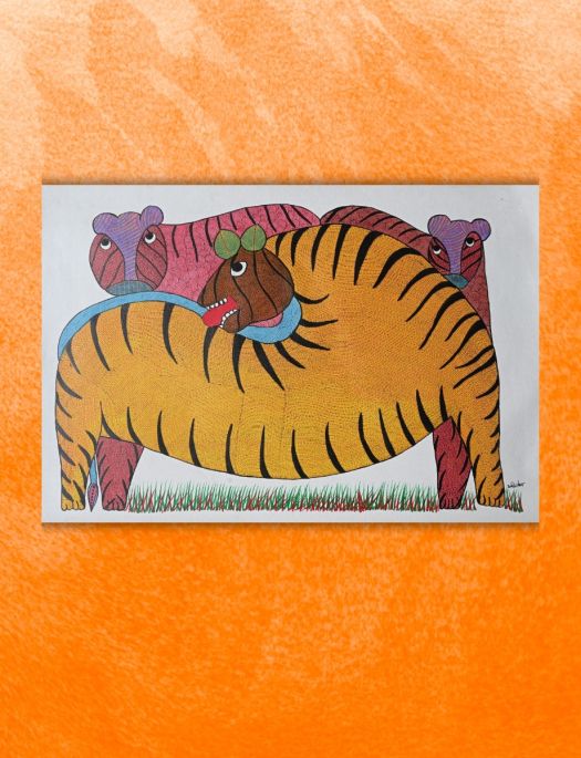 Handmade Tribal Gond painting of Tigers in the Forest