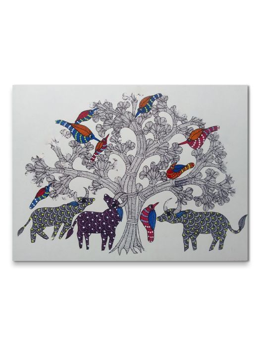 Handmade Tribal Gond painting of Buffaloes & Birds in the Forest