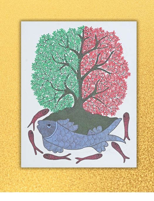 Handmade Tribal Gond painting of Colourful Fish and a Tree
