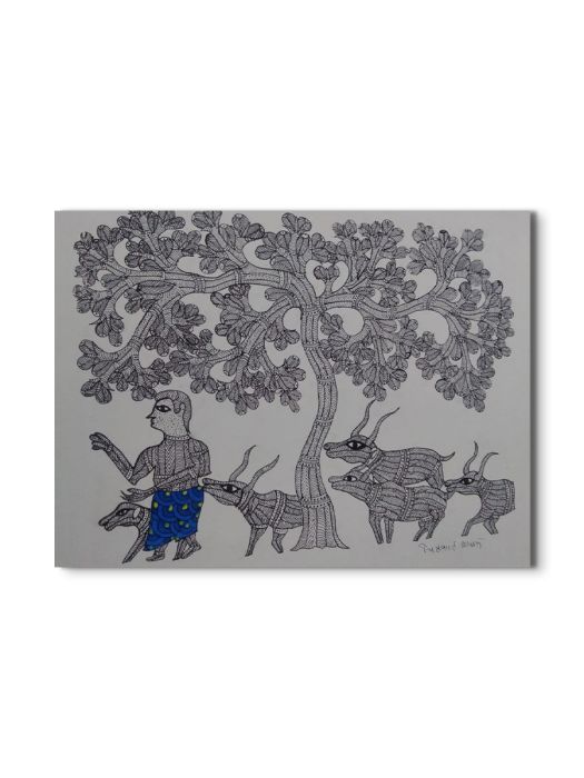 Handmade Tribal Gond painting of Tribal Man with His Herd