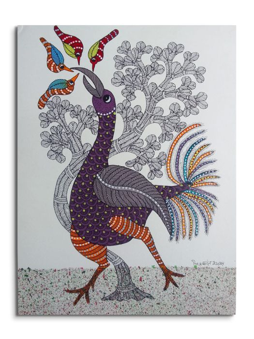 Handmade Tribal Gond painting of Mother Bird Feeding Her Young Ones