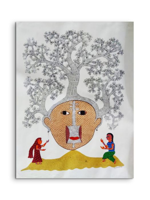 Handmade Tribal Gond painting of Tribal Paying Homage To Their Ancestors