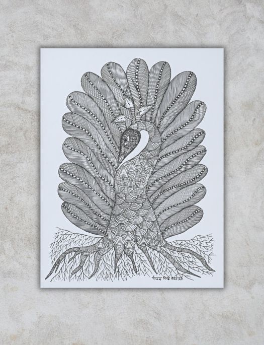 Handmade Tribal Gond painting of a Peacock and a Tree