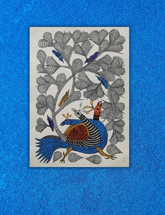 Handmade Traditional Tribal Gond painting of Peacocks Under a Tree