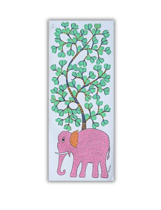 Handmade Tribal Gond painting of a Pink Elephant