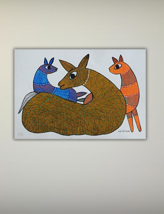 Handmade Tribal Gond painting of Colourful Deer