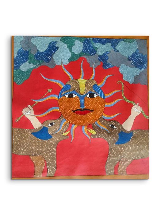 Handmade Tribal Gond painting of Elephants & the Sun God